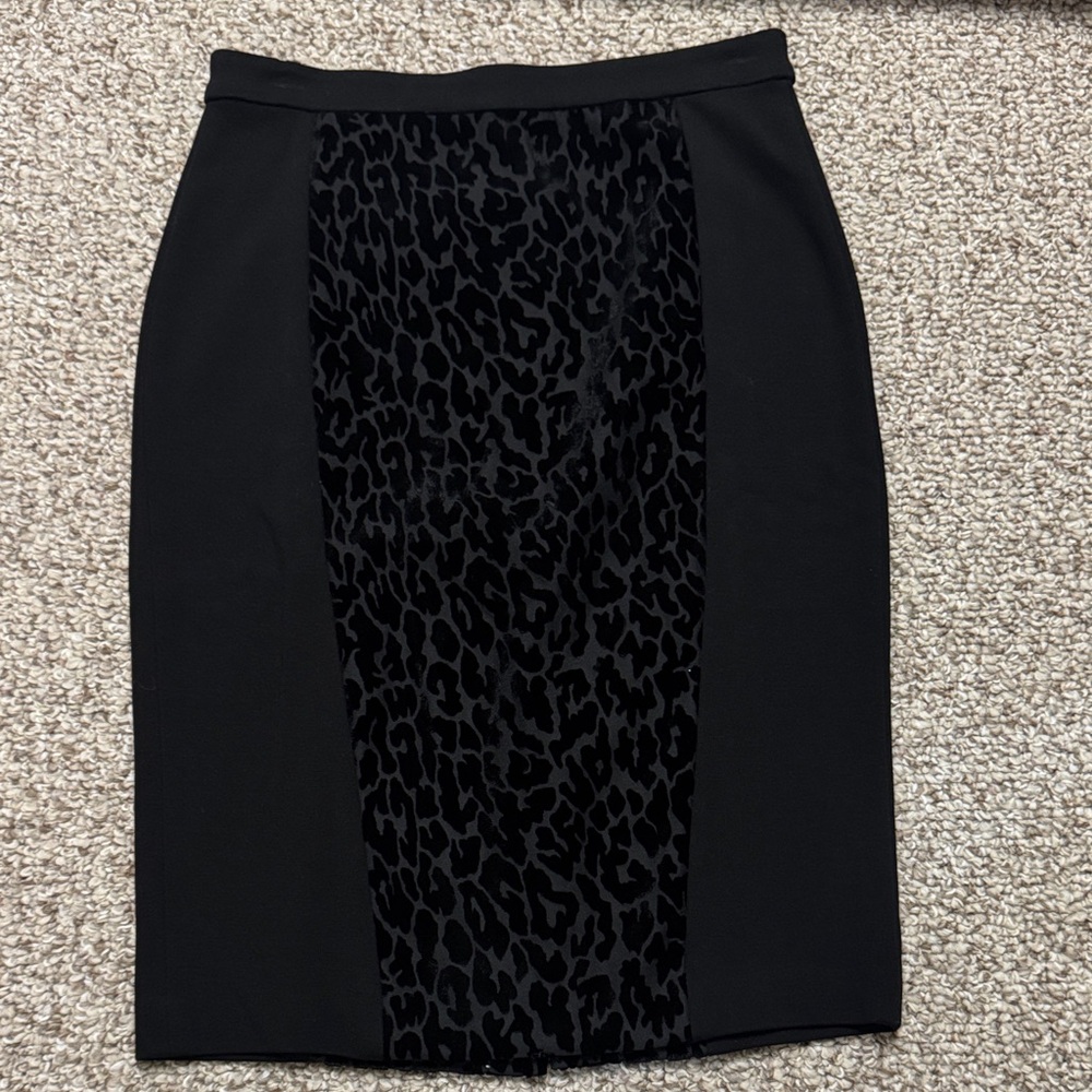Ann Taylor Black Leopard Panel Pencil Skirt
